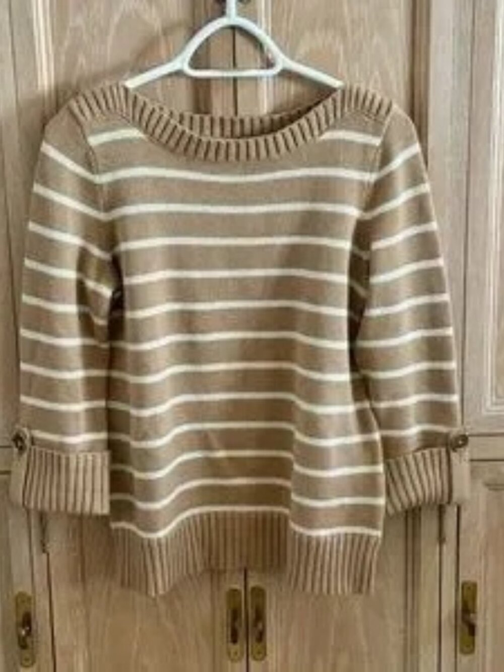 Jones New York Cotton Striped Sweater Tan Cream Women’s M 3/4 Sleeve